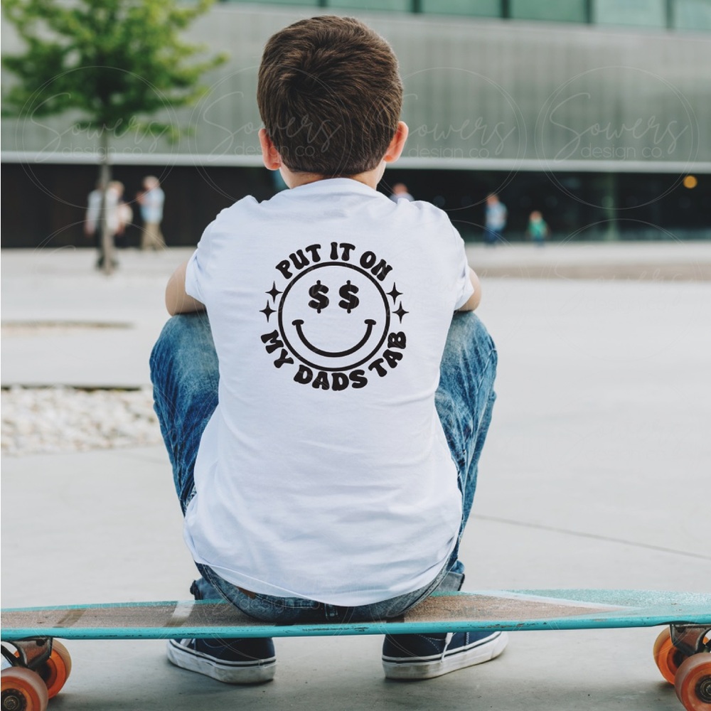 Kids White Graphic Tee — 'Put It On My Dad's Tab'